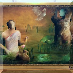 A01. Framed oil on canvas by Chanchal Mukherjee. Renjeau Galleries. Two women in river with lotus buds and ducks. Canvas: 40” x 60” Frame: 47”h x 66”w - $1350